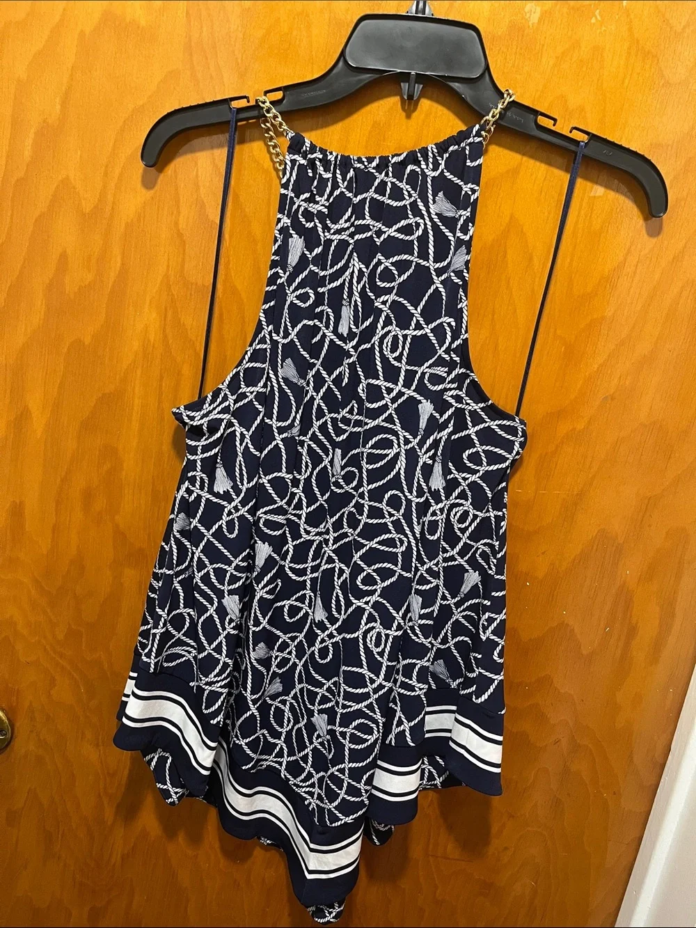 Michael Kors Navy Rope-Print Halter Camisole with Gold Chain Straps